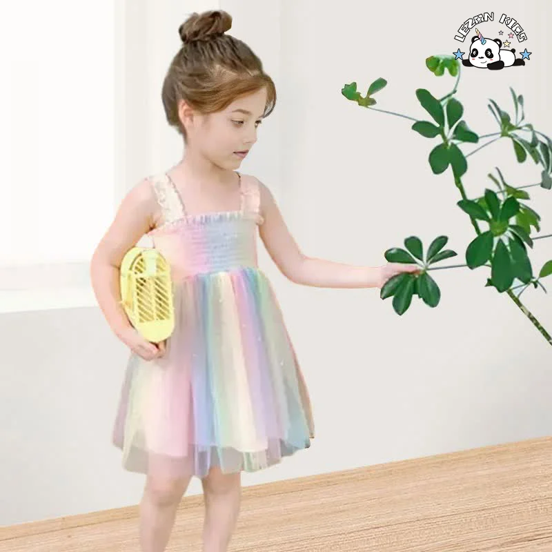 LEZONKIDS - 2024 High Quality Summer Sleeveless Girls Dress Rainbow Sweet Tulle Girls Dress Pressed Crepe Mesh Dress
